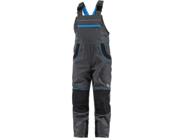 Obrázok z CXS PHOENIX CASPER Detské pracovné nohavice s trakmi šedé s čiernymi a modrými doplnkami