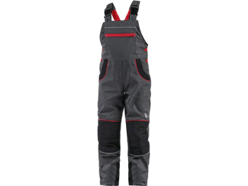Obrázok z CXS PHOENIX CASPER Detské pracovné nohavice s trakmi šedé s čiernymi a červenými doplnkami 